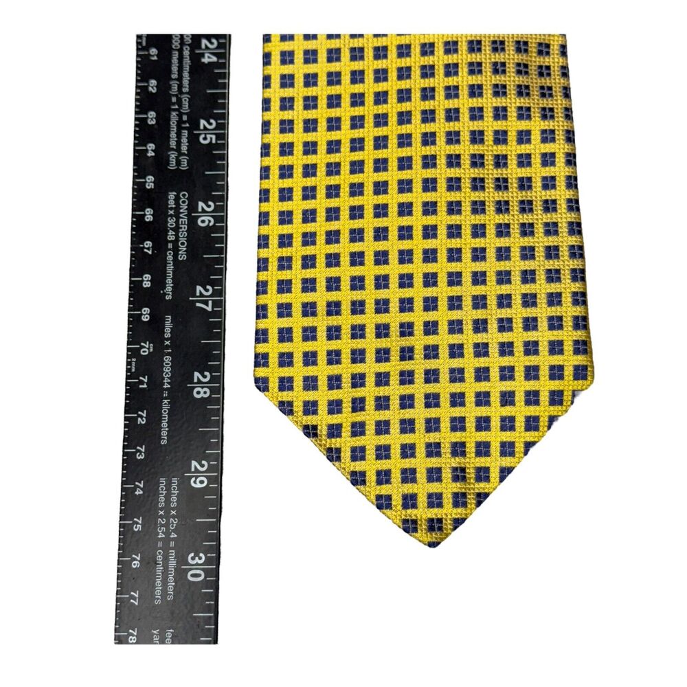 XMI Platinum Mens Necktie 100% Silk Yellow & Navy Checkerboard 30" Length Formal - Picture 8 of 8